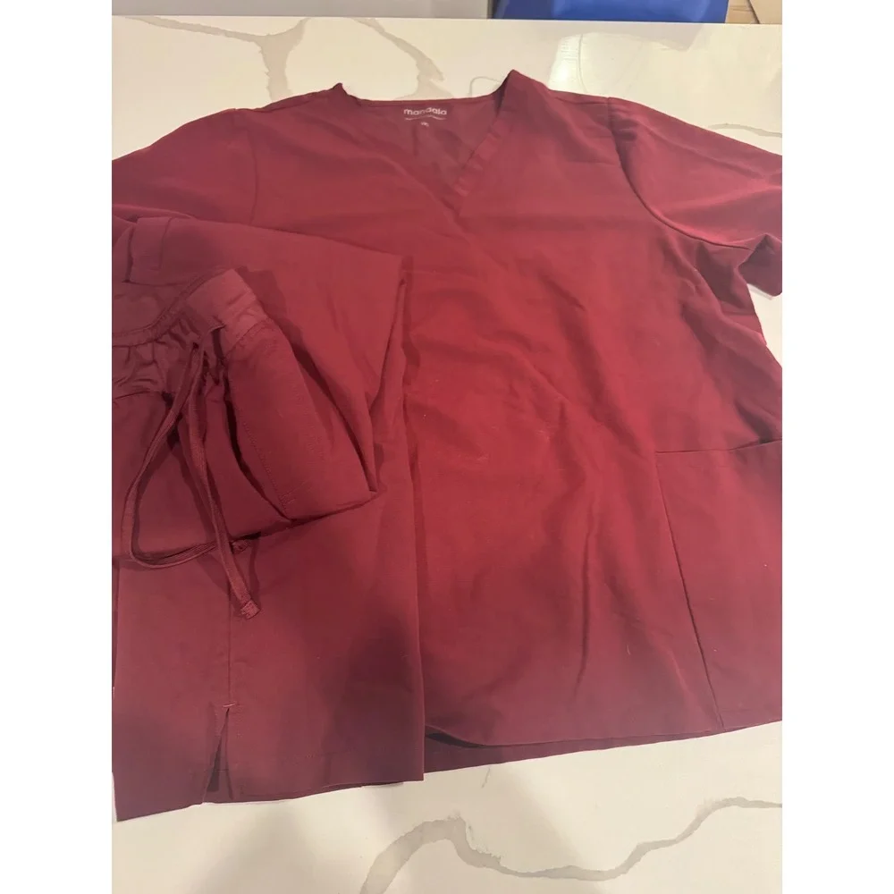 Mandala Burgundy Scrub Set Equa-Tek V-Neck Top 2XL Petite XL Pants Wine Red